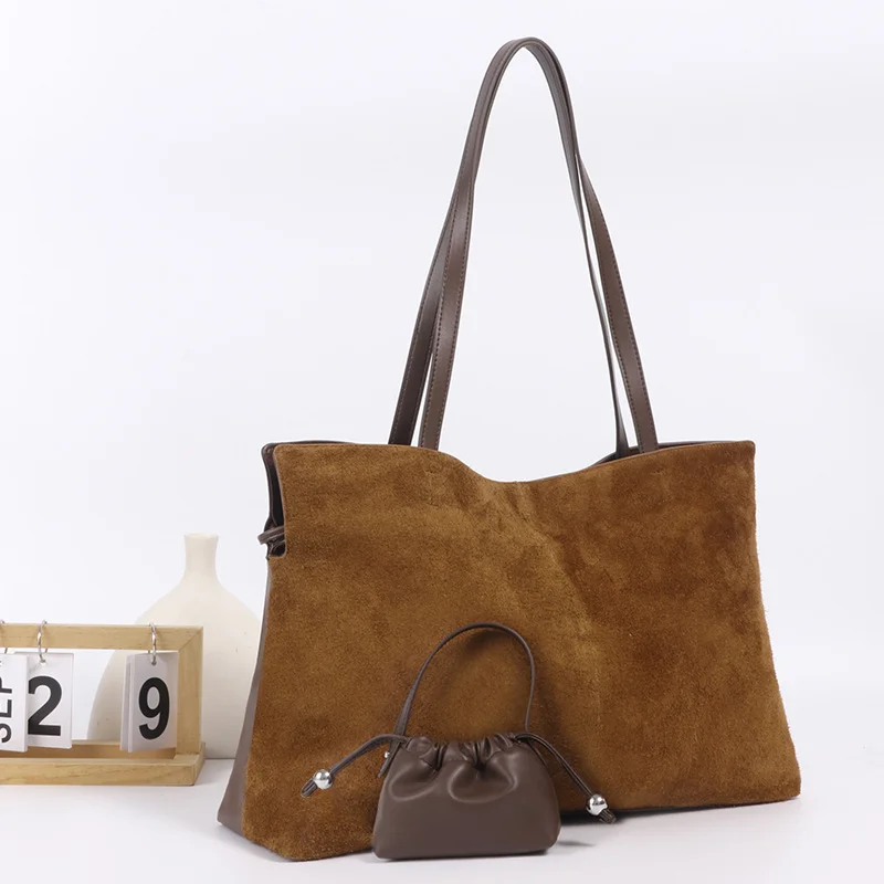 2026 Retro Luxury Genuine Leather Women's Shoulder Bag Suede Handbag Large Capacity Commuter Mother-Child Underarm Tote Bags - Image 2