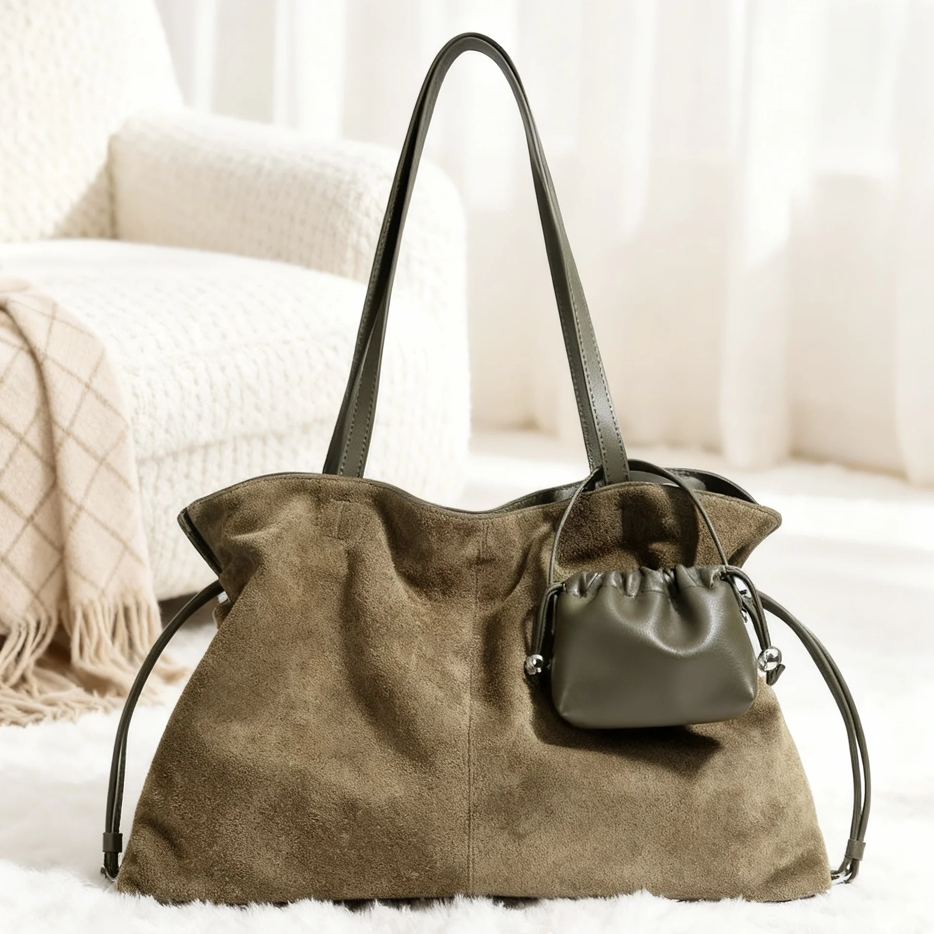 2026 Retro Luxury Genuine Leather Women's Shoulder Bag Suede Handbag Large Capacity Commuter Mother-Child Underarm Tote Bags - Image 3