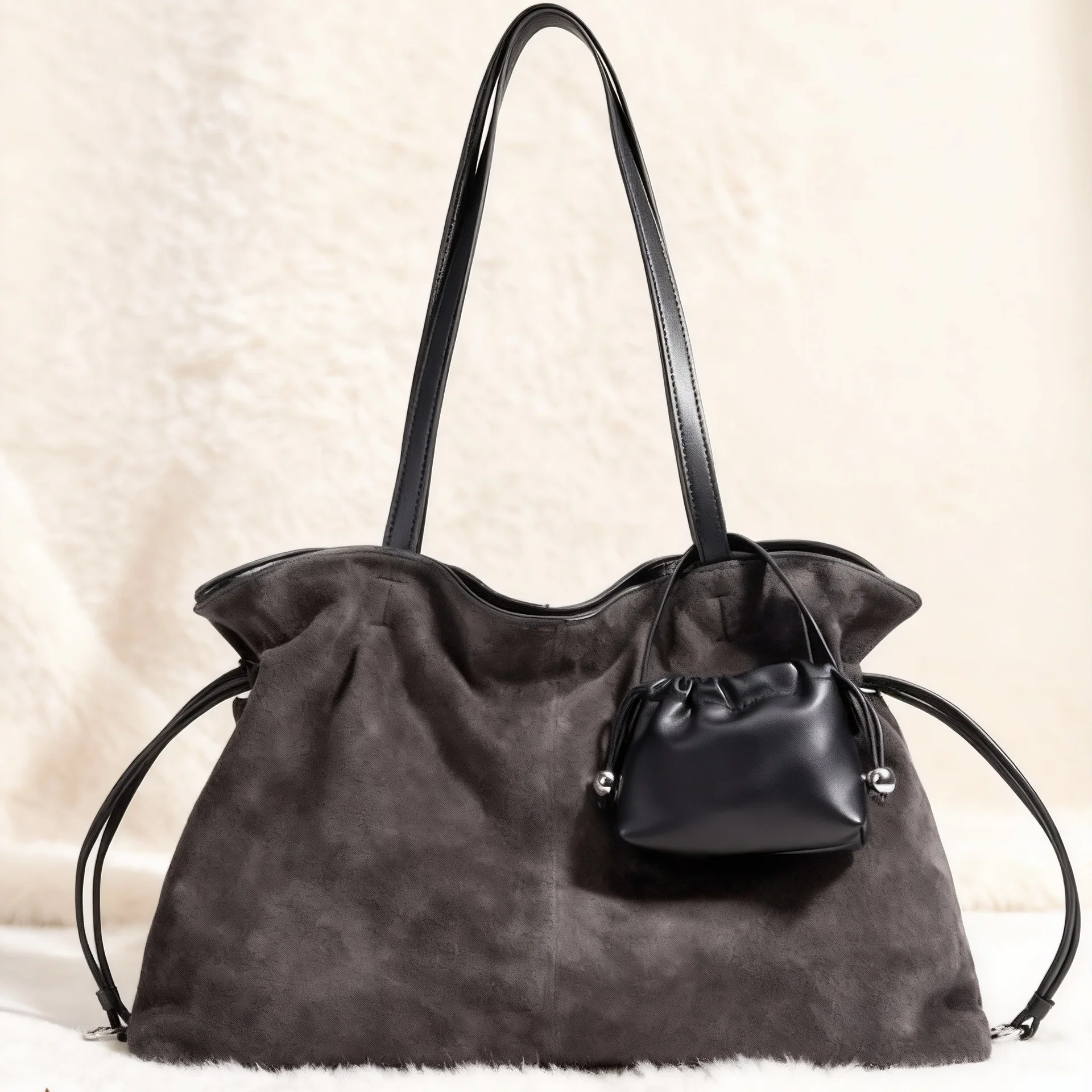 2026 Retro Luxury Genuine Leather Women's Shoulder Bag Suede Handbag Large Capacity Commuter Mother-Child Underarm Tote Bags - Image 4